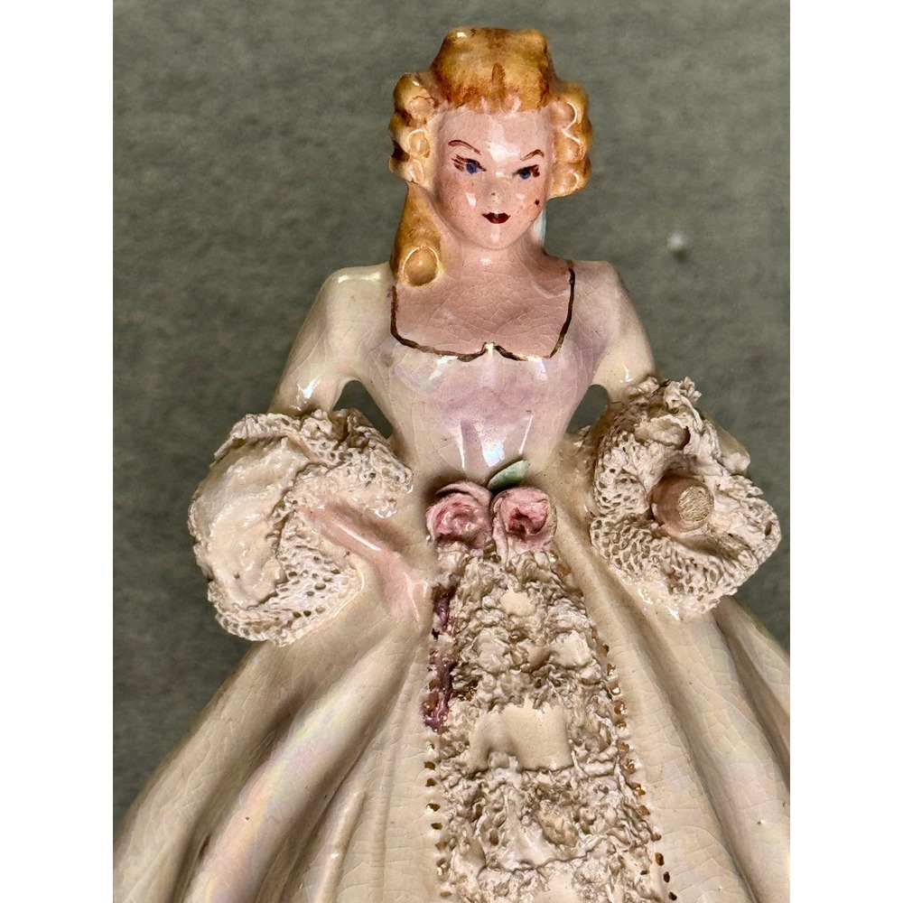 Vintage Iridescent Porcelain Lace Half Doll Figurine Lady in Gown 7 Inch